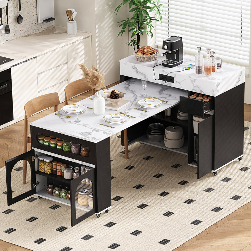 Table de salle à manger extensible avec plateau pliable extra-long, îlot de cuisine roulant avec tiroirs, prise de courant et verrou de frein, armoire de rangement pour la cuisine et la salle à manger (noir et blanc marbré)