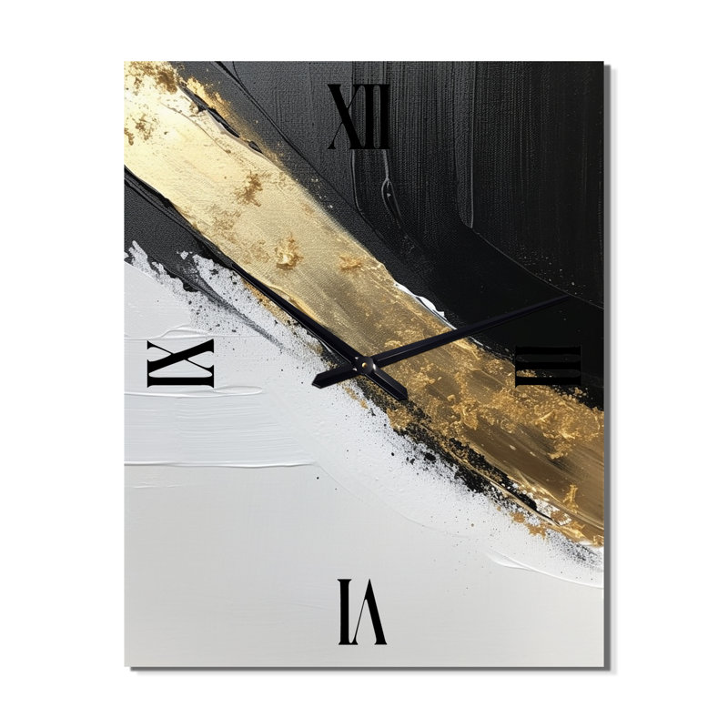 Minimal Joy en noir et or I - Horloge murale peinture abstraite surdimensionnée, H 28 po x l 12 po x P 1 po