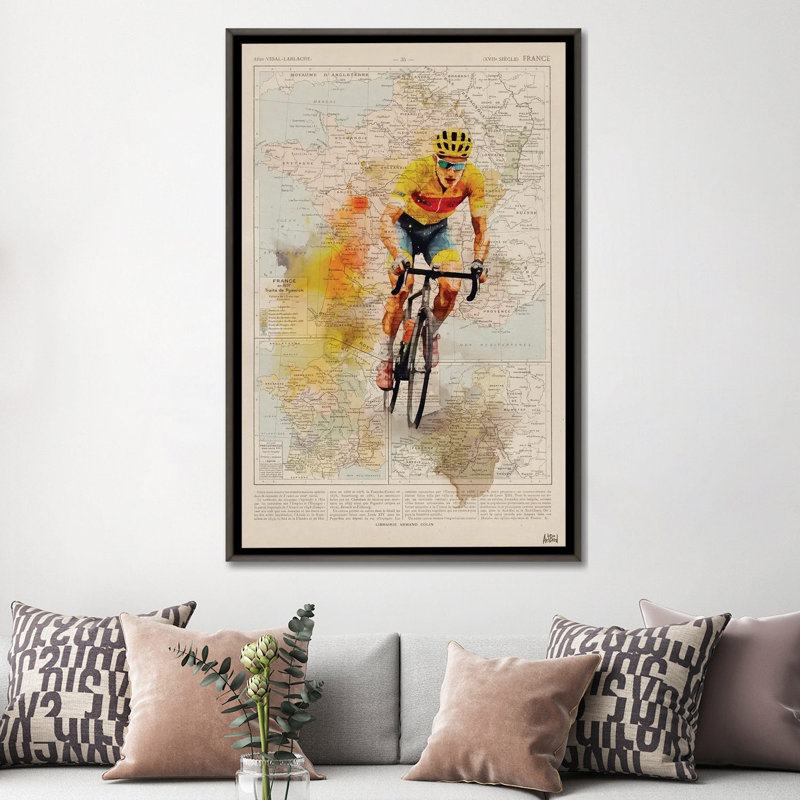 Tour de France, aquarelle, Toile avec cadre flottant foncé en bois rustique, Pas de tapis, H 60 po x l 40 po x P 1,5 po