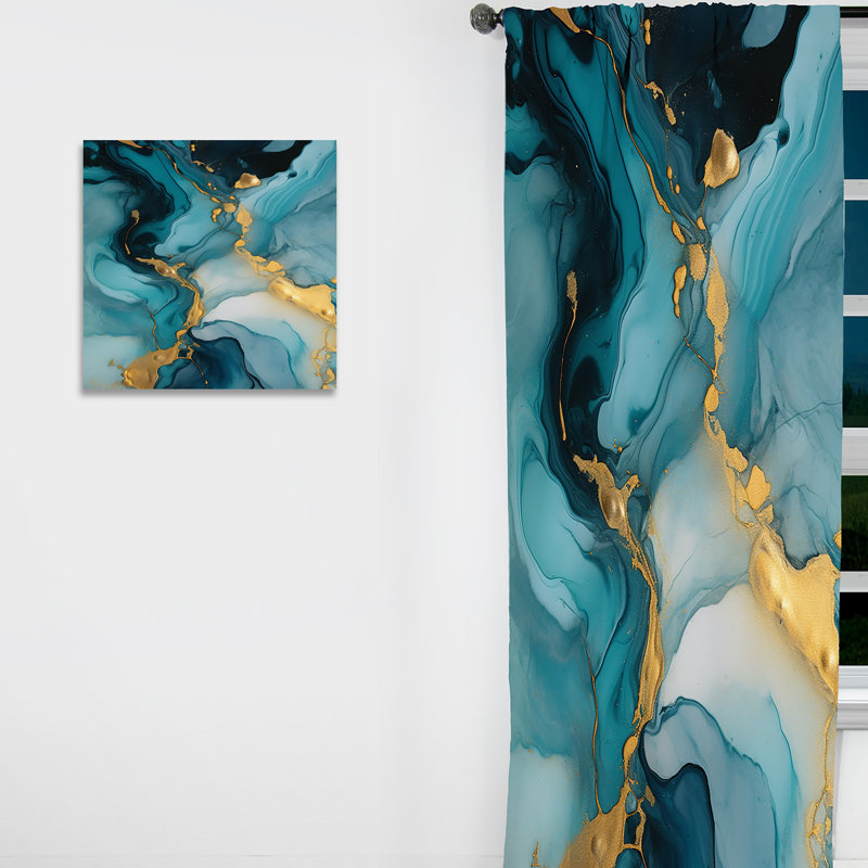 Rideau abstrait occultant en marbre turquoise infusé d'or II - 1 panneau, L 52 po x L 108 po