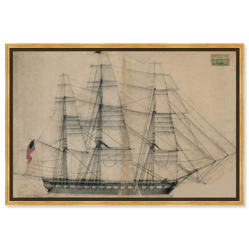 Reproduction d'art graphique sur toile Almeda USS Constitution Sail Plan 1817, H 24 po x l 16 po, Encadrement doré