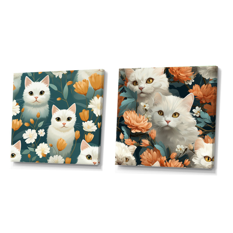 Motif de chat Blossoms bleu sarcelle et blanc pour enfant, Toile tendue, H 16 po x l 33 po