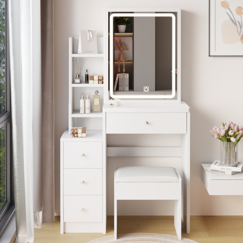 Armoire de chevet 29,2 pouces avec miroir DEL et rangement pour la chambre à coucher