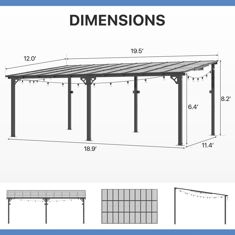 20 pi L 12 pi. Pergola Dmetal avec guirlandes de lumières