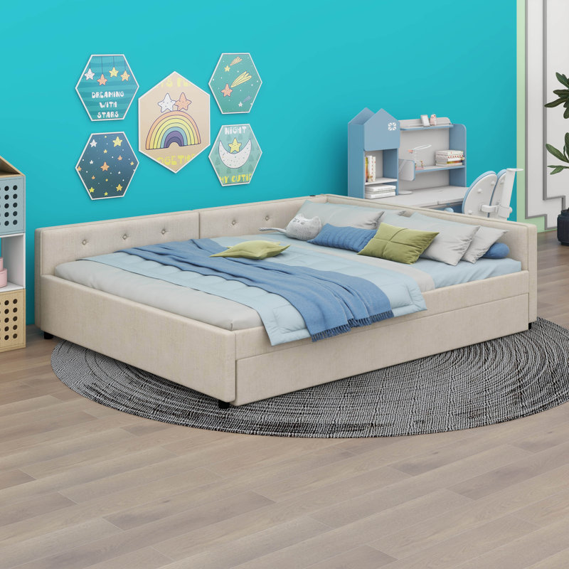 Lit plateforme tapissier avec port USB et lit gigogne simple, Double