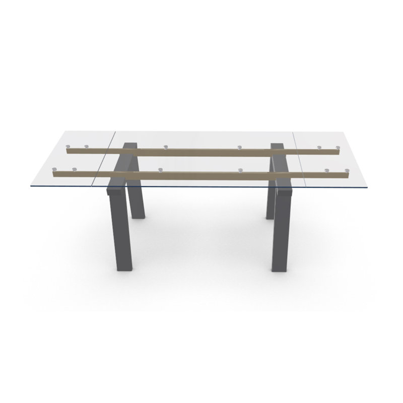 Levante Glass Extendable Table with Wooden Legs, 30"H x 55.13"L x 35.5"W, Clear/Black