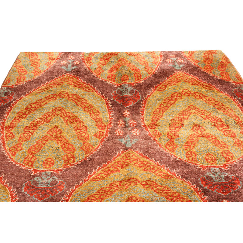 One-of-a-Kind Hand-Knotted 1970s Green/Orange 5'11" x 6'8" Silk Area Rug
