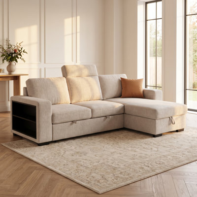 Canapé-lit d'angle réversible en forme de L avec méridienne de rangement, accoudoir amovible avec porte-gobelets, ports de chargement USB et Type-C, revêtement en lin avec tablette latérale, beige
