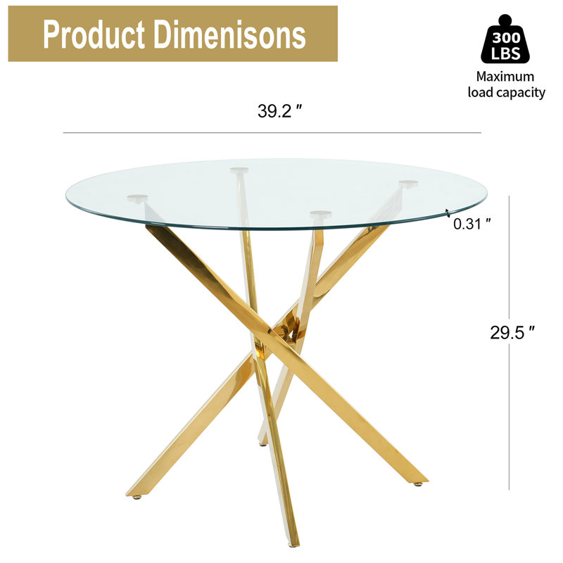Table de salle à manger ronde en verre pour 4-6, base en métal robuste avec protecteurs de plancher antidérapants réglables - Table de cuisine moderne pour salle à manger, appartement, maison, condo