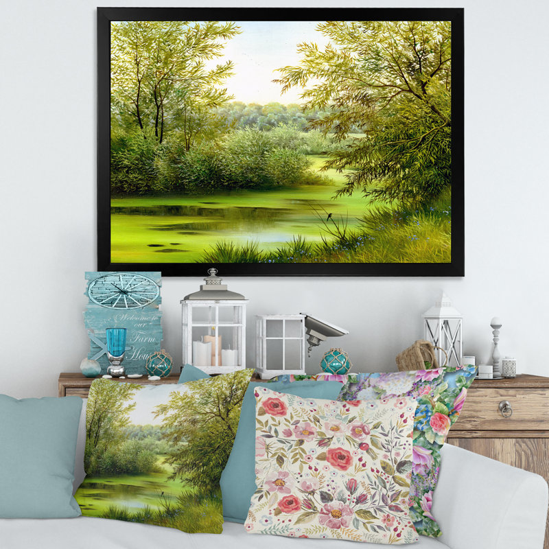 Étang vert avec arbres printaniers - Peinture sur toile, H 12 po x l 20 po x p 1 po, Cadre photo noir