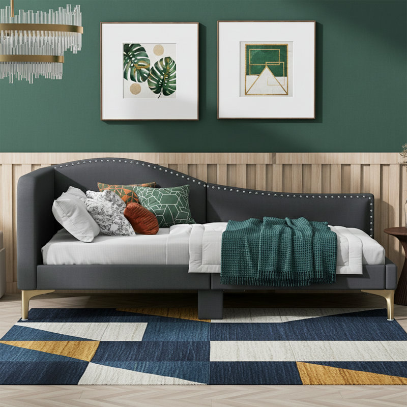 80.5" Daybed with Grey Linen Upholstery - Heavy Duty 550 lbs Capacity Wood Platform Bed Frame - Mid-Century Modern Sofa Bed