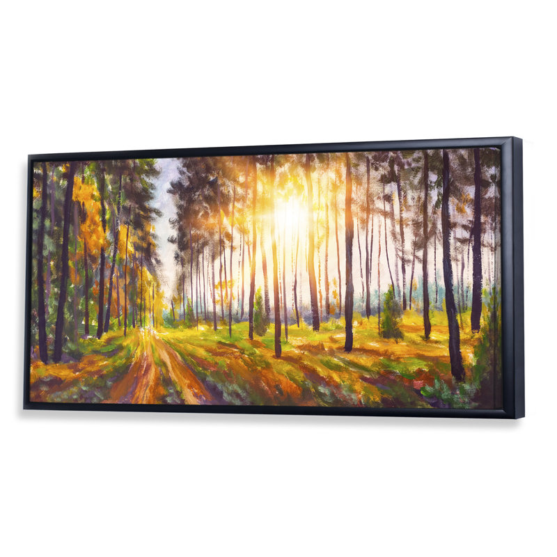Panorama de coucher de soleil en forêt - œuvre d'art traditionnelle sur toile, Cadre noir, L 12 po x H 8 po