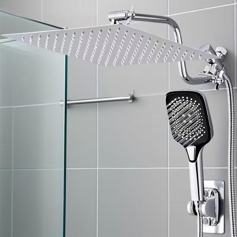 Pomme de douche à haute pression chromée 10 pouces avec bras réglable à main, Chrome chrome