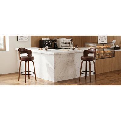 Set of 2 27.56" Counter Height Bar Stools with Backs, Modern Swivel PU Leather Bar Stools for Kitchen Island & Bar, Brown