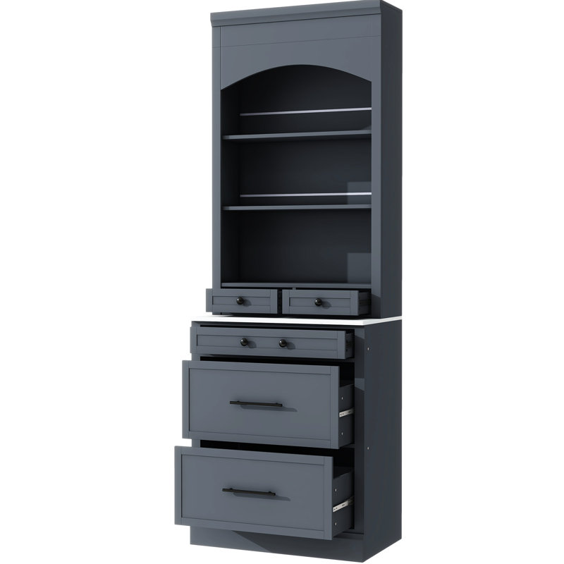 83.7Inch Tall Kitchen With Faux Marble, 5 Drawers And Adjustable Shelf, Gray Space Saving Cabinet For Pantry Marble Countertop, Tall, Shelf Organized