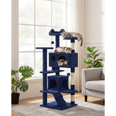Navy Blue | 54 Inch Multi-Level Cat Tree Tower for Indoor Cats, Features Kitten-Ear Perch, 2 Cat Caves and Scratching Posts, Comes with Climbing Ladder and 2 Plush Balls, Easy Installation, High Pet Appeal, Total Load Capacity 66 Lbs (About 30 KG)