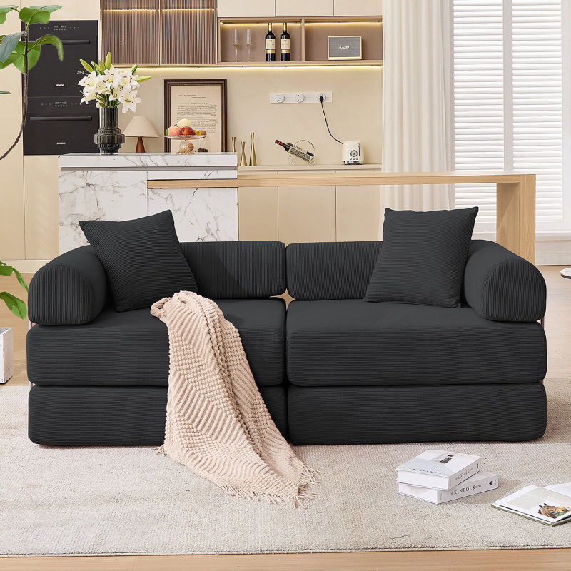 Canapé-lit modulaire convertible pour petits espaces, aucun assemblage requis, tissu en velours côtelé avec accoudoirs amovibles et structure de forme fixe