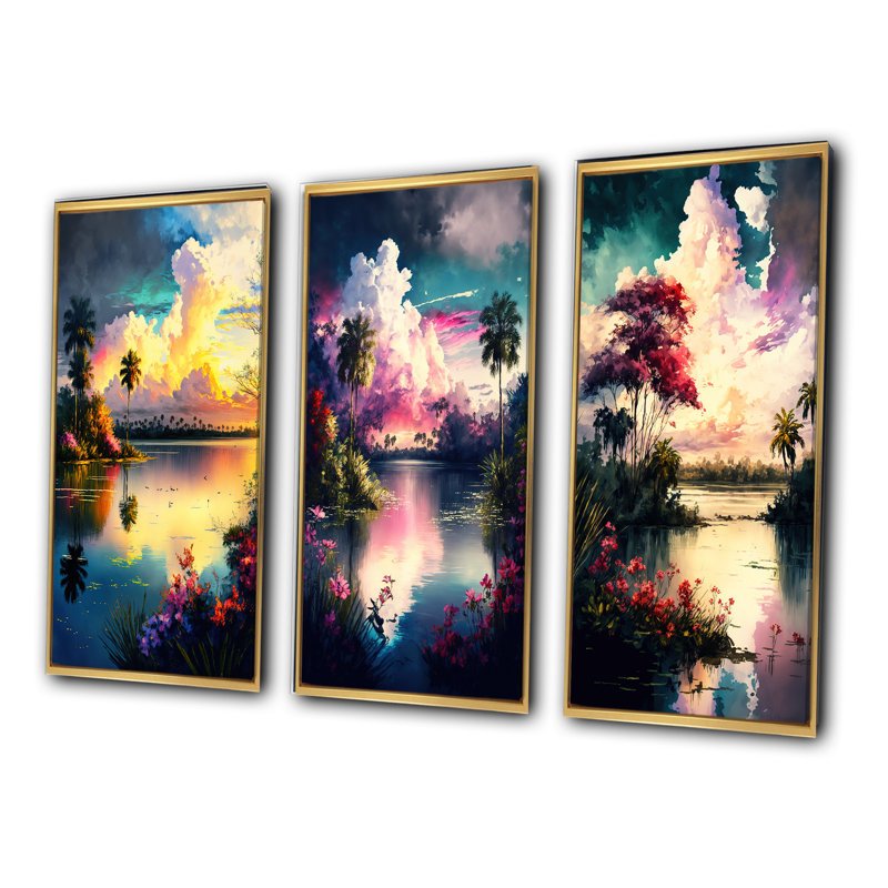 «Beautiful Sunset Over A Tropical Lake», 3 pièces sur toile, H 20 po x l 36 po, Cadre flottant doré