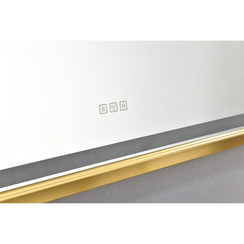 Miroir de salle de bain 72 po x 48 po pour salle de bain, fixation murale, cadre en aluminium, effet de brouillard, 3 choix de couleurs, contrôle de luminosité continu, bordure, brouillard, températures, luminosité réglable, accent de brosses dorées