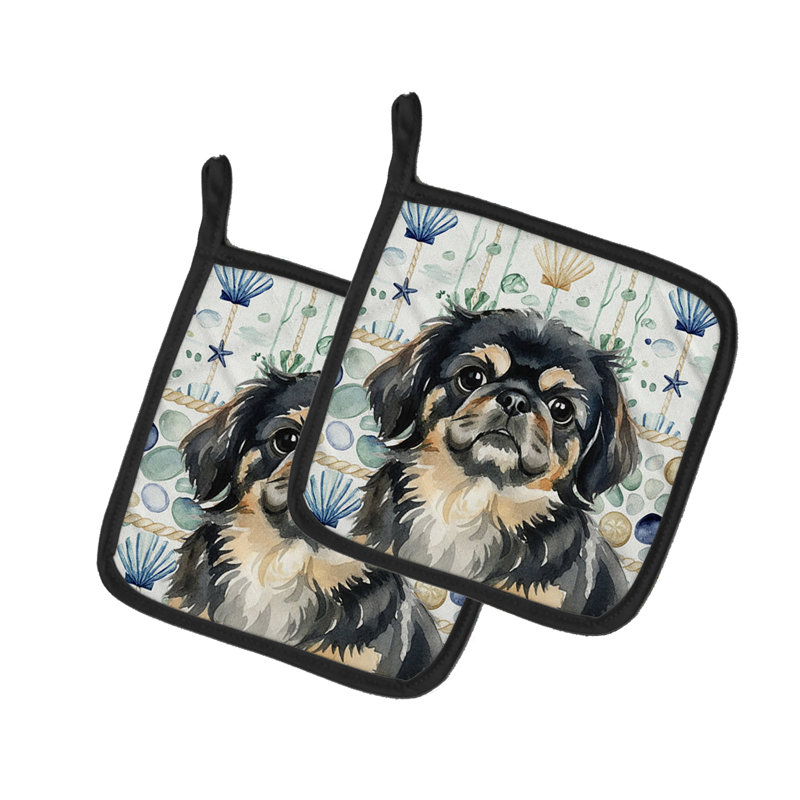 Black and Tan Pekingese Coastal Sea Glass Pair of Pot Holders