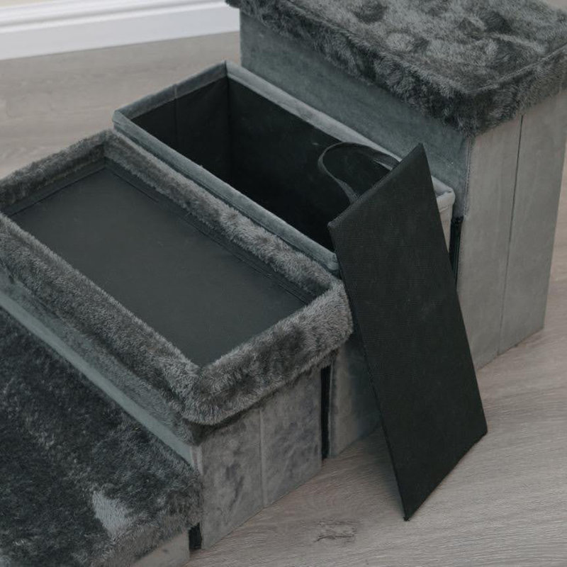 Charcoal Plush 4-Level Pet Stairs with Storage