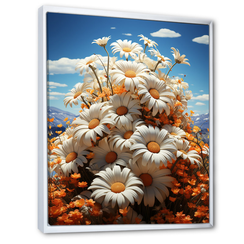 «Daisy Gardens» blanc et jaune - art mural marguerites, Cadre flottant blanc, H 20 po x l 12 po