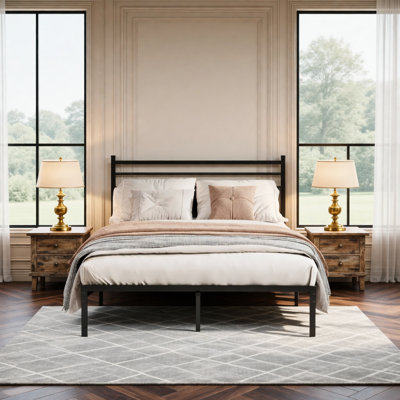 Queen Size Kenilworth Frame with Charging Station, Platform Kenilworth with Metal Slats, Upholstered Headboard with Storage Shelves, No Box Spring Needed