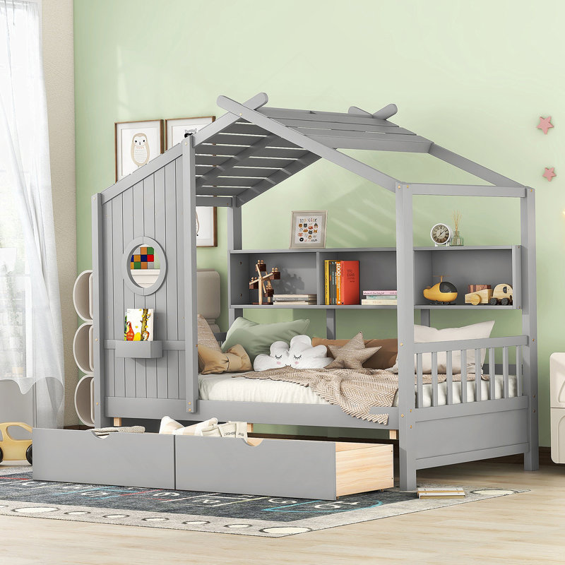 Lit en bois pour enfants avec deux tiroirs et une tablette de rangement, idéal pour jouer et dormir, améliorant la fonctionnalité de la chambre à coucher