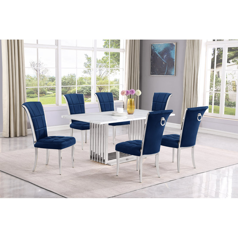 Kernisha Marble Top Pedestal Dining Set, 7, Cream, Silver