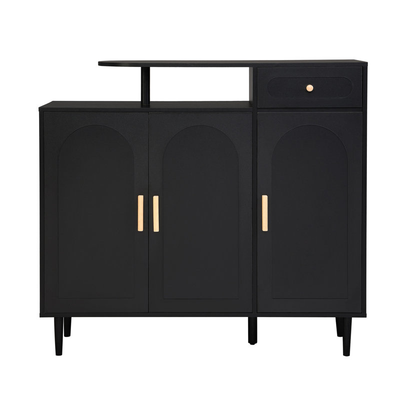 Armoire à chaussures moderne avec un design arqué et un tiroir. Finition noire, tablettes réglables, plateau de table spacieux, tablettes intérieures en panneau de particules de qualité