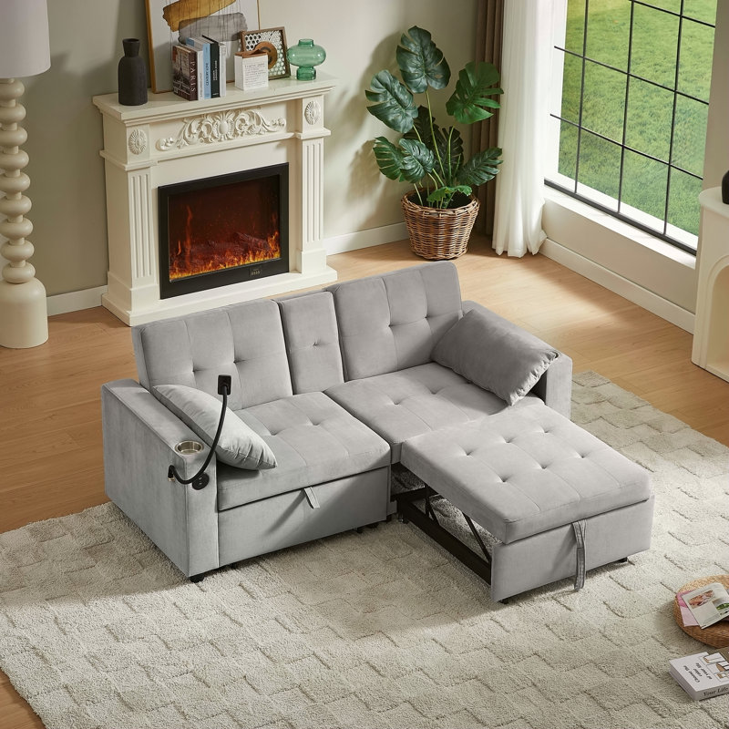 Canapé-lit en tissu gris avec conception capitonnée, ports USB et plusieurs positions réglables pour un confort et une fonctionnalité ultimes
