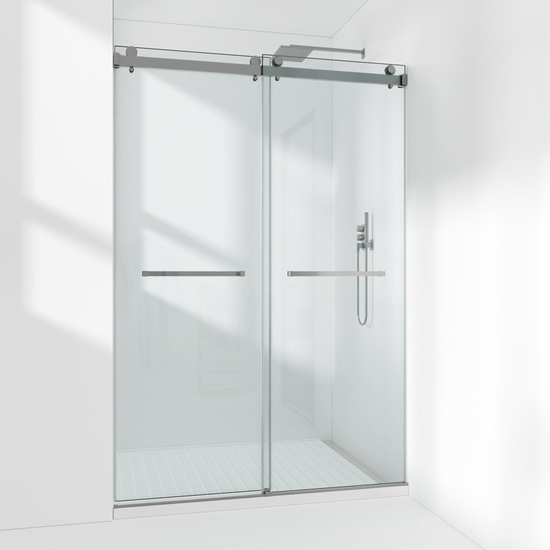 Porte de douche coulissante double sans cadre l 56 à 61 po x H 79 po avec verre trempé transparent de 3/8 po (10 mm), film incassable et localisateur de trous d'installation