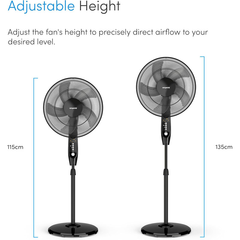 Emperial 16" Pedestal Fan with Remote Control - Free Standing Oscillating Cooling Fan, Adjustable Height, 4 Modes & Timer - Black