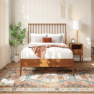 Lit plateforme en bois de bambou massif avec tête de lit haute de 46,5 po, cadre de lit bohème avec lattes de bois et support en métal, style Mid-Century moderne, aucun sommier tapissier requis