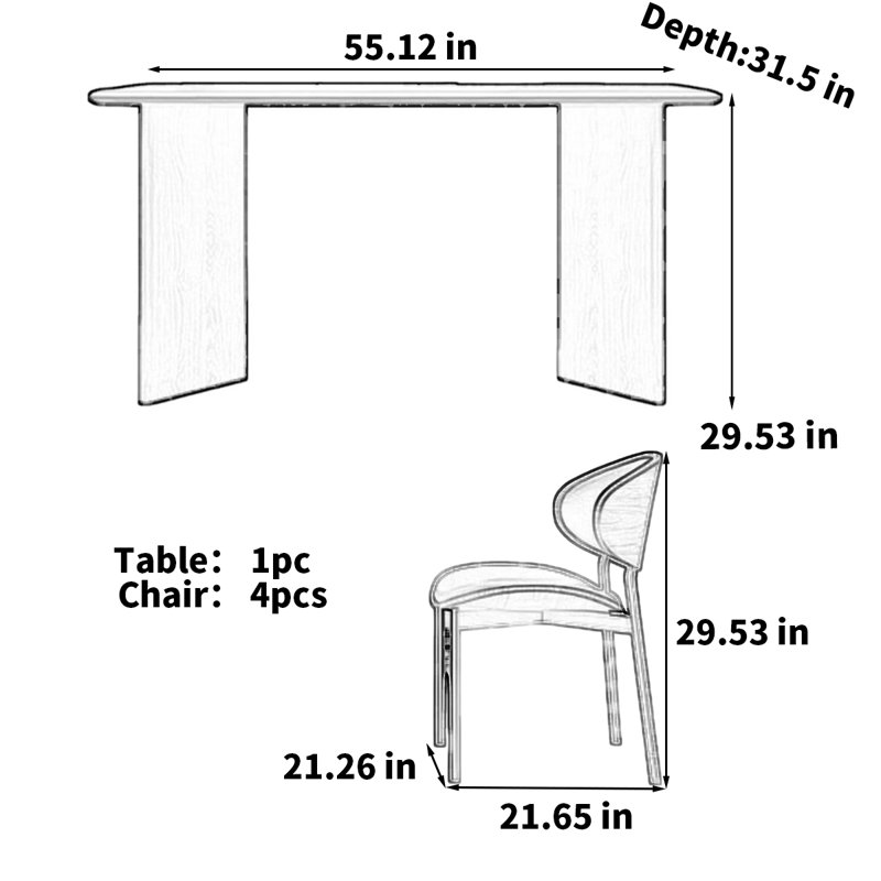 Modern solid wood table legs rock dining table, 29.53"H x 55.12"L x 31.5"W