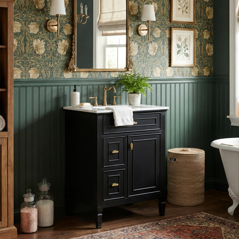 24" Modern Farmhouse Vanity Set, Solid Wood & MDF Cabinet With Gold Handles, Ceramic Top & 3-Drawer Storage, Black