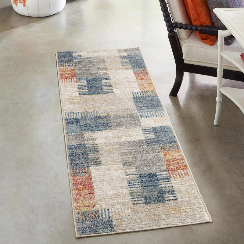 Tapis bleu / ivoire / orange Winsor Julien, Tapis de couloir 2 pi 7 po x 8 pi