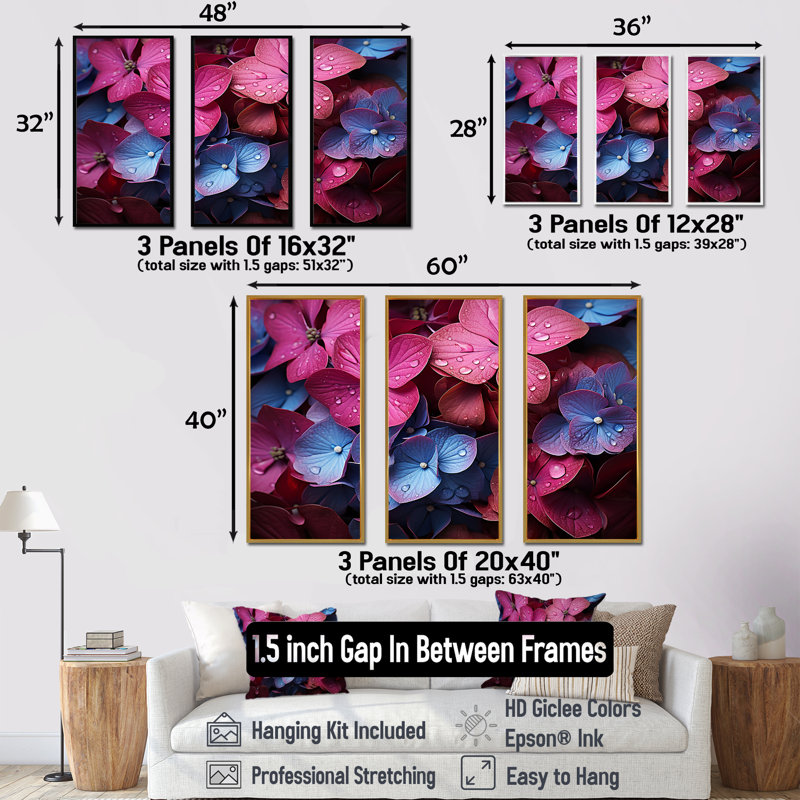 Ensemble de salon Neon Pink Hydrangea Harmony II - Hydrangea Wall Art, Cadre flottant blanc, H 32 po x l 48 po x P 1 po