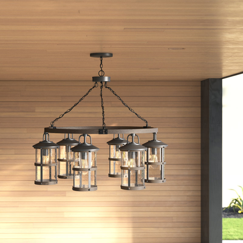 Lakehouse 6-Light Aluminum Outdoor Chandelier with Clear Seedy Glass Shades