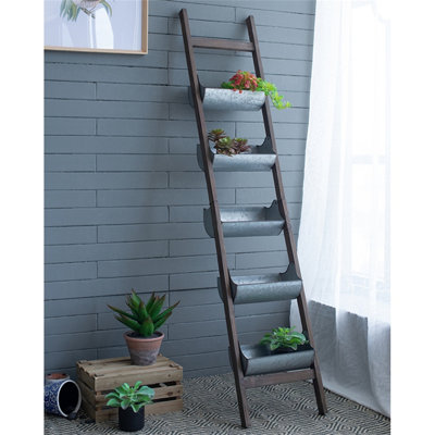 [Jardinière pliable en échelle en bois galvanisé Reed Farmhouse] Jardin vertical de H 14,2 po | Seau rustique à 5 décorations galvanisées pour l'extérieur / l'intérieur