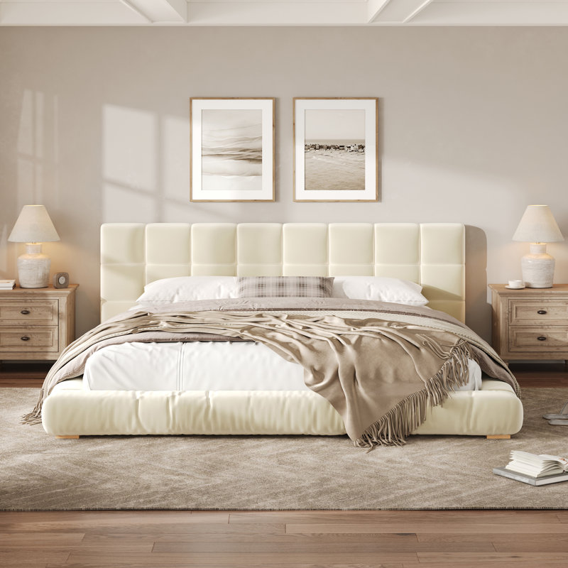 Structure de lit tapissier très grand avec tête de lit capitonnée, support de lattes à profil bas sans sommier beige, Beige