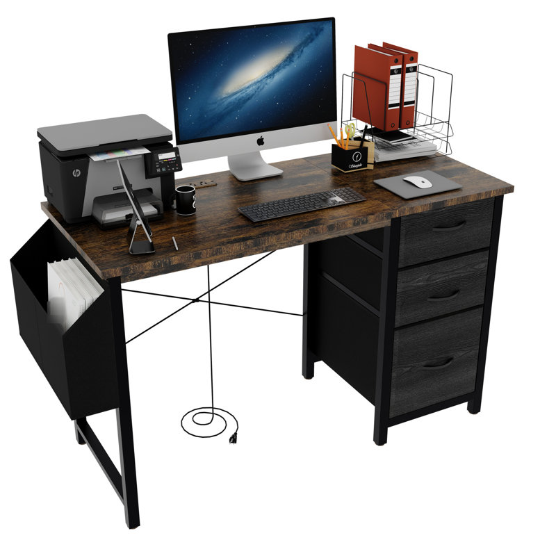 Bureau rectangulaire avec 3 tiroirs en tissu et poche latérale, prise de courant, réglage manuel brun rustique stable