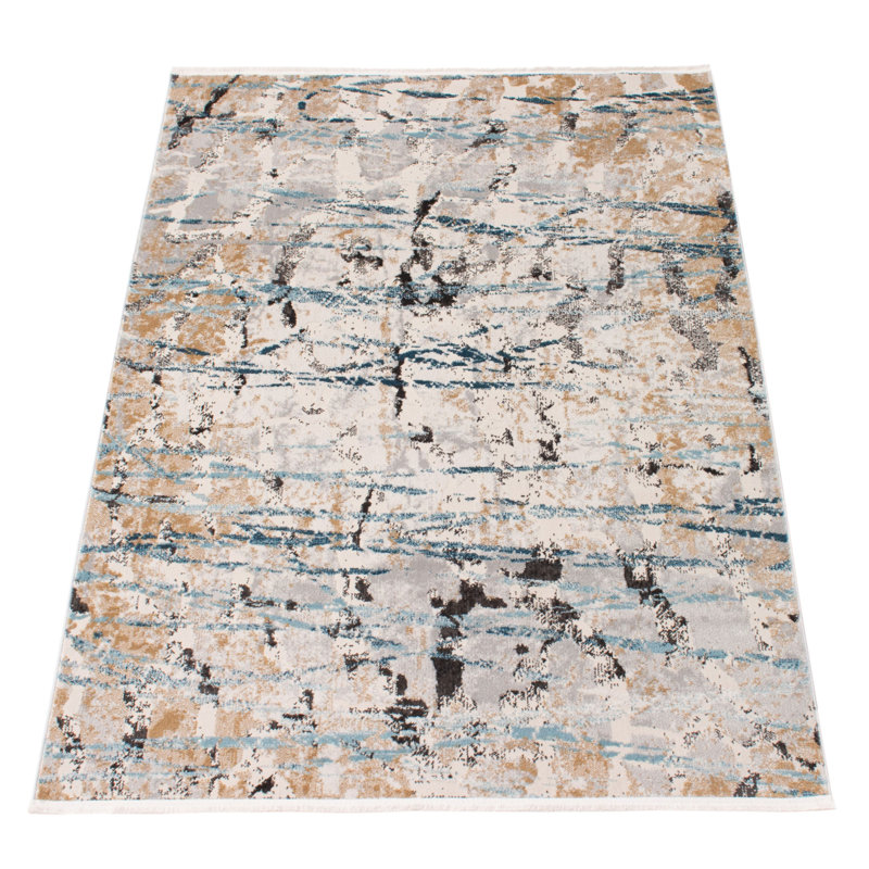 Tapis beige / bleu sarcelle / brun, Rectangle 3 pi 11 po x 5 pi 11 po