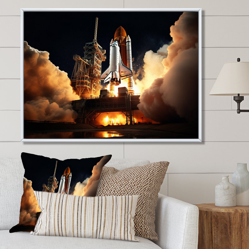 Space Shuttle Captivating Night Launch II - Space Shuttle Canvas Art Print, H 16 po x l 32 po x P 1 po, Cadre flottant blanc