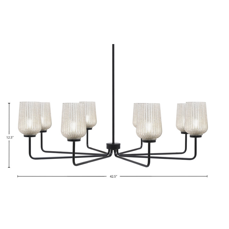 Lustre 8 lumières Amarmula, finition noir mat, verre texturé argenté 5 po, Argenté/Transparent, Noir