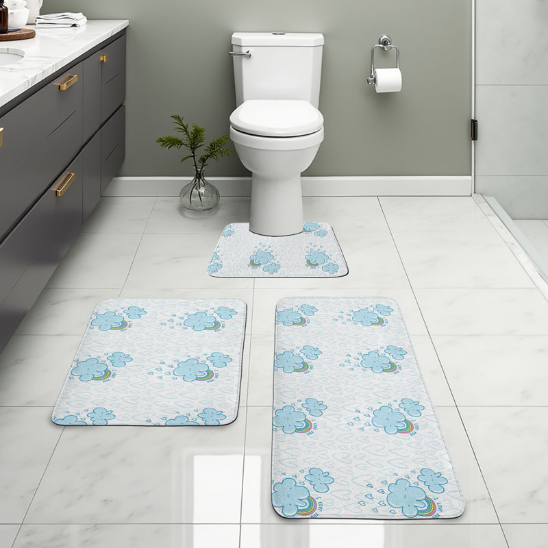 Ensemble de tapis de salle de bain I Love You 3 pièces en forme de U et de tapis rectangulaires bleu pâle