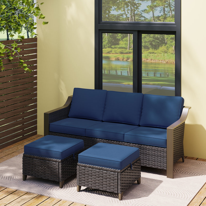 Three-seater Patio Wicker Sofa With Ottomans, Blue
