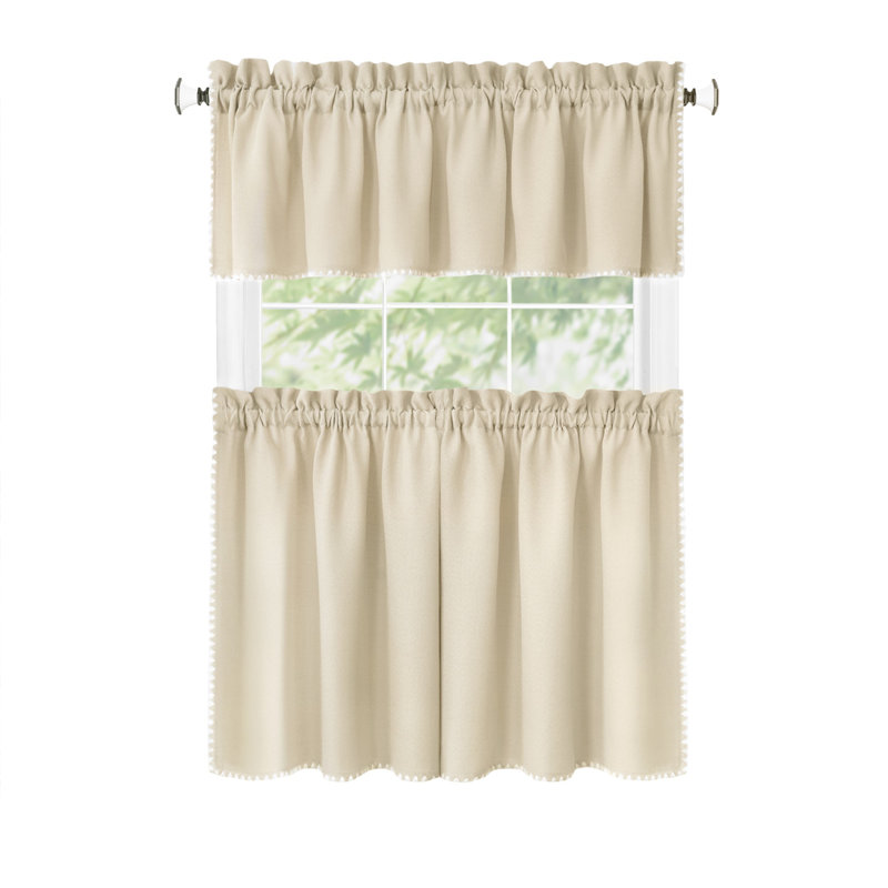 Tan and White Light Filtering Tier and Valance Curtain Set