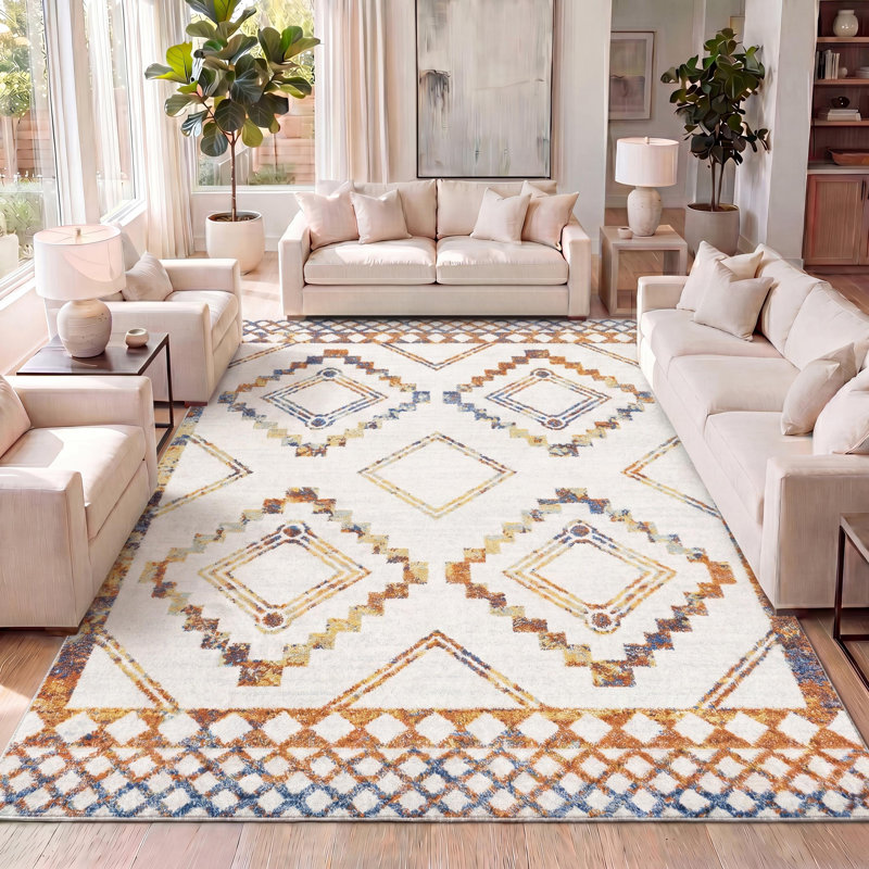 Amir Moroccan Beni Souk Ivory/Blue/Orange Rug, Rectangle 5'3" x 7'7"