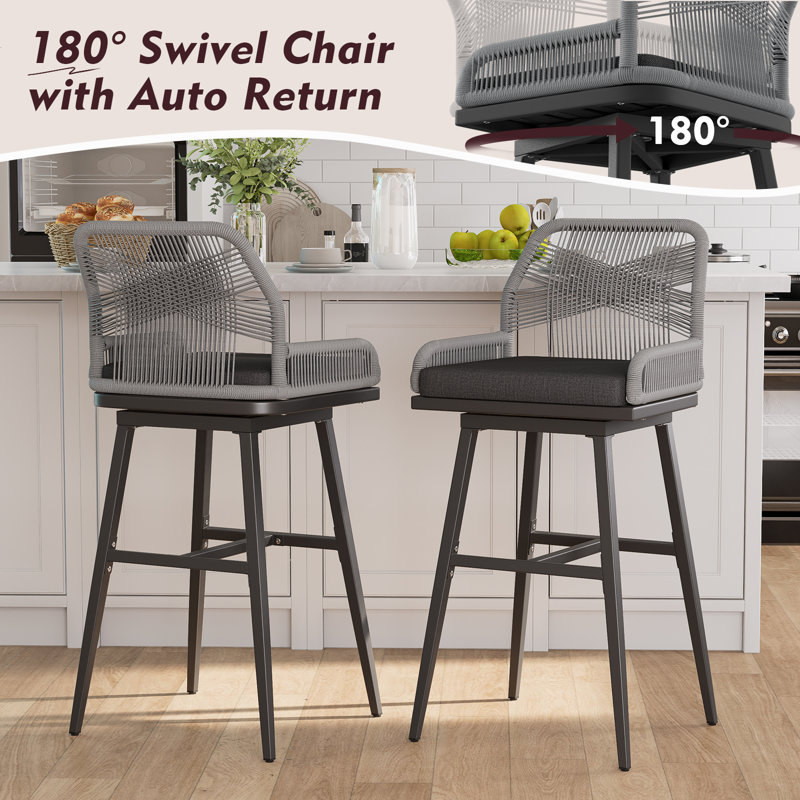 Bar Stools Set Of 2, Rattan Counter Height Bar Stools, Swivel Patio Barstools With Boho Woven Rope Back For Kitchen Patio Garden Cushions Included,